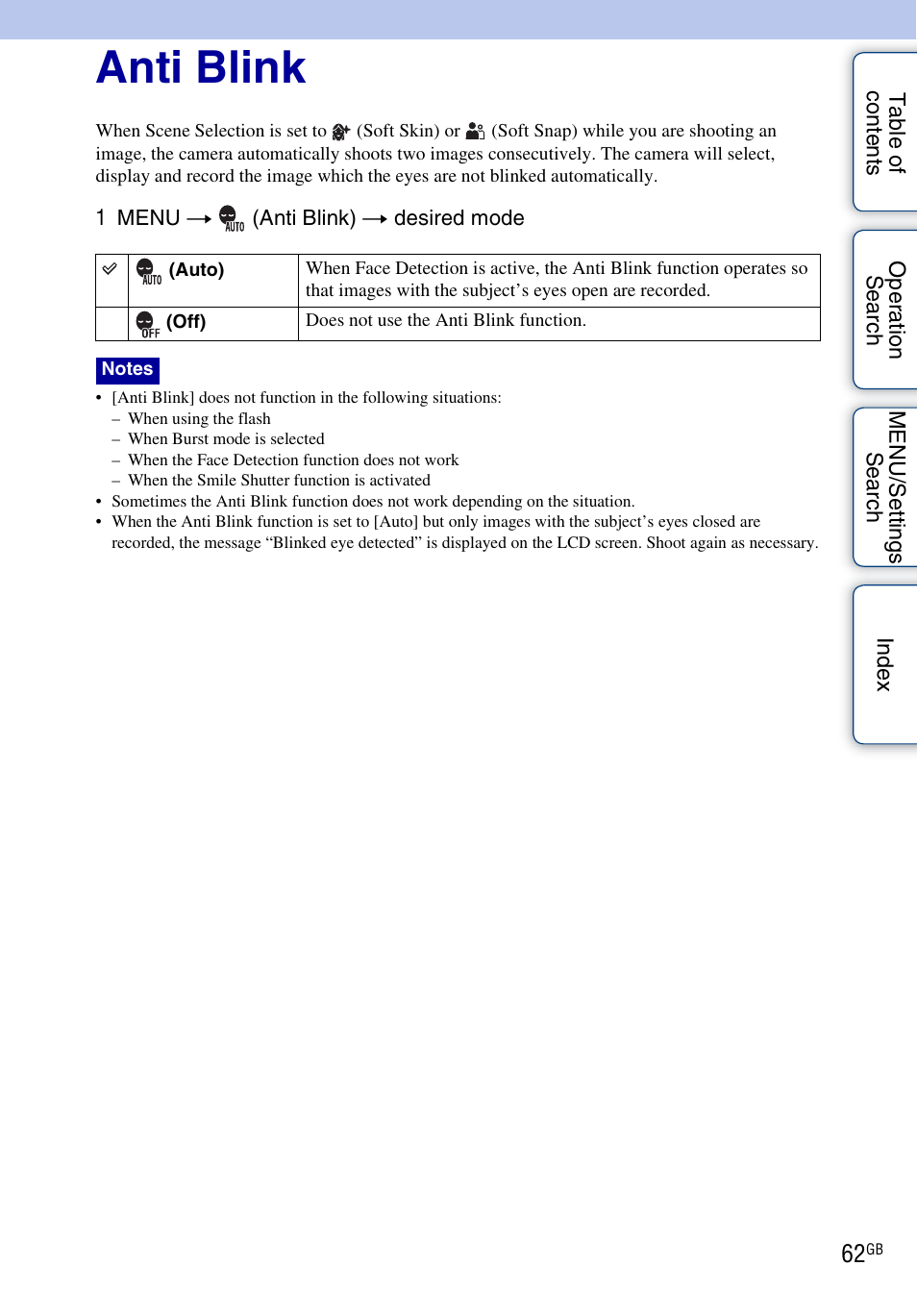 Anti blink | Sony DSC-W560 User Manual | Page 62 / 141