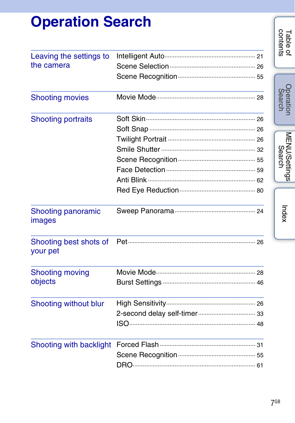 Operation search, Perat, Earc | Sony DSC-W560 User Manual | Page 7 / 141