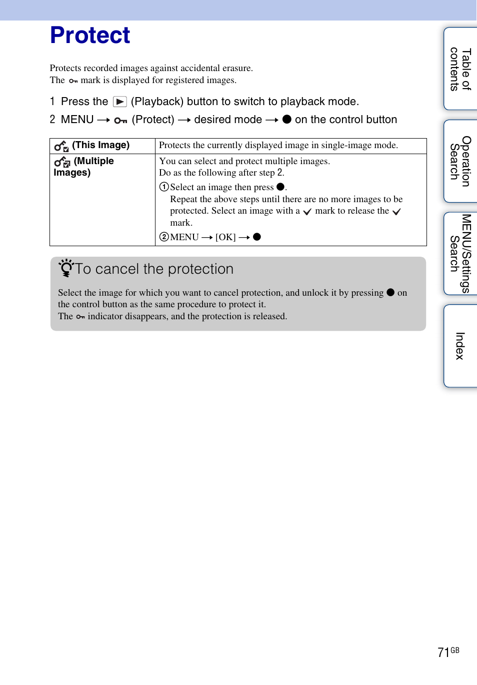 Protect, Protect) | Sony DSC-W560 User Manual | Page 71 / 141