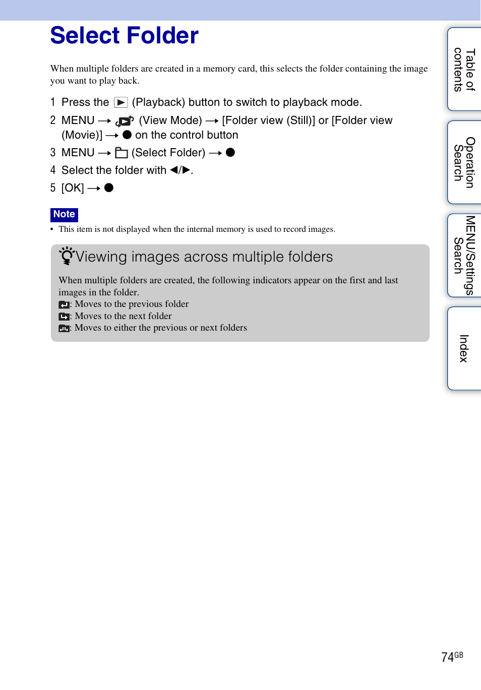 Select folder, Select folder), Viewing images across multiple folders | Sony DSC-W560 User Manual | Page 74 / 141