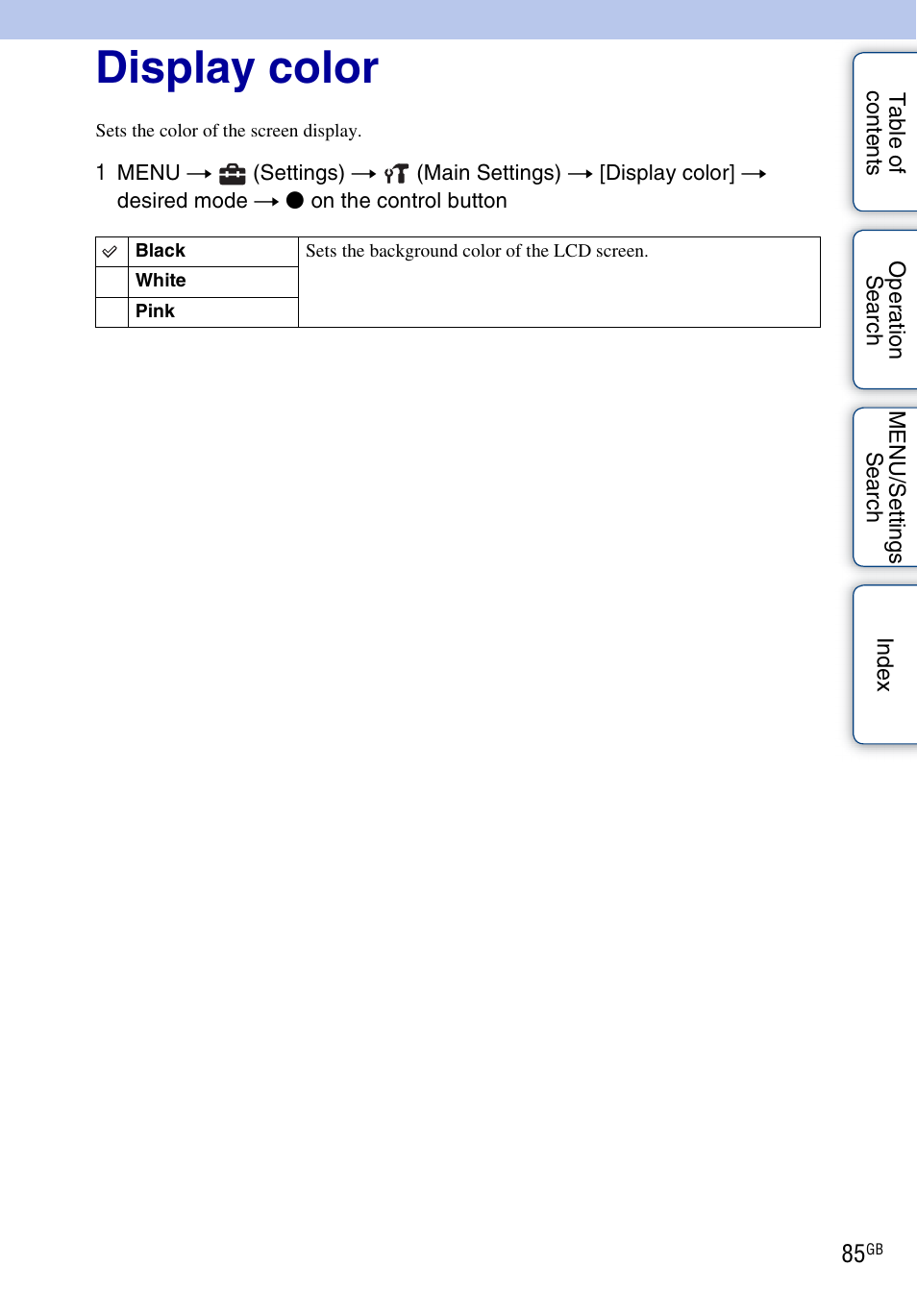 Display color | Sony DSC-W560 User Manual | Page 85 / 141