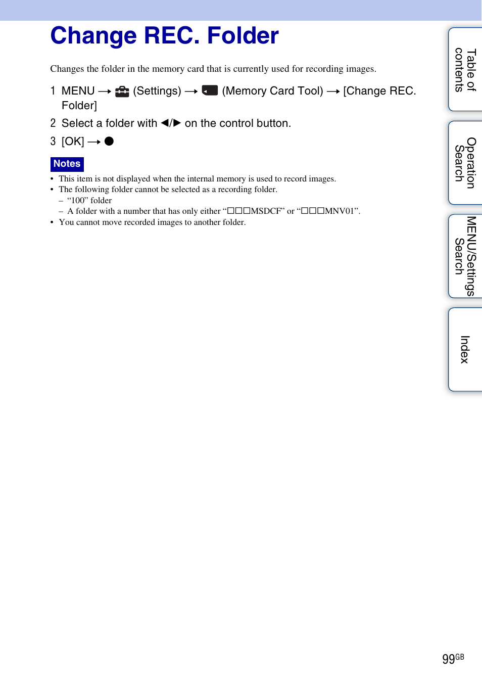 Change rec. folder | Sony DSC-W560 User Manual | Page 99 / 141