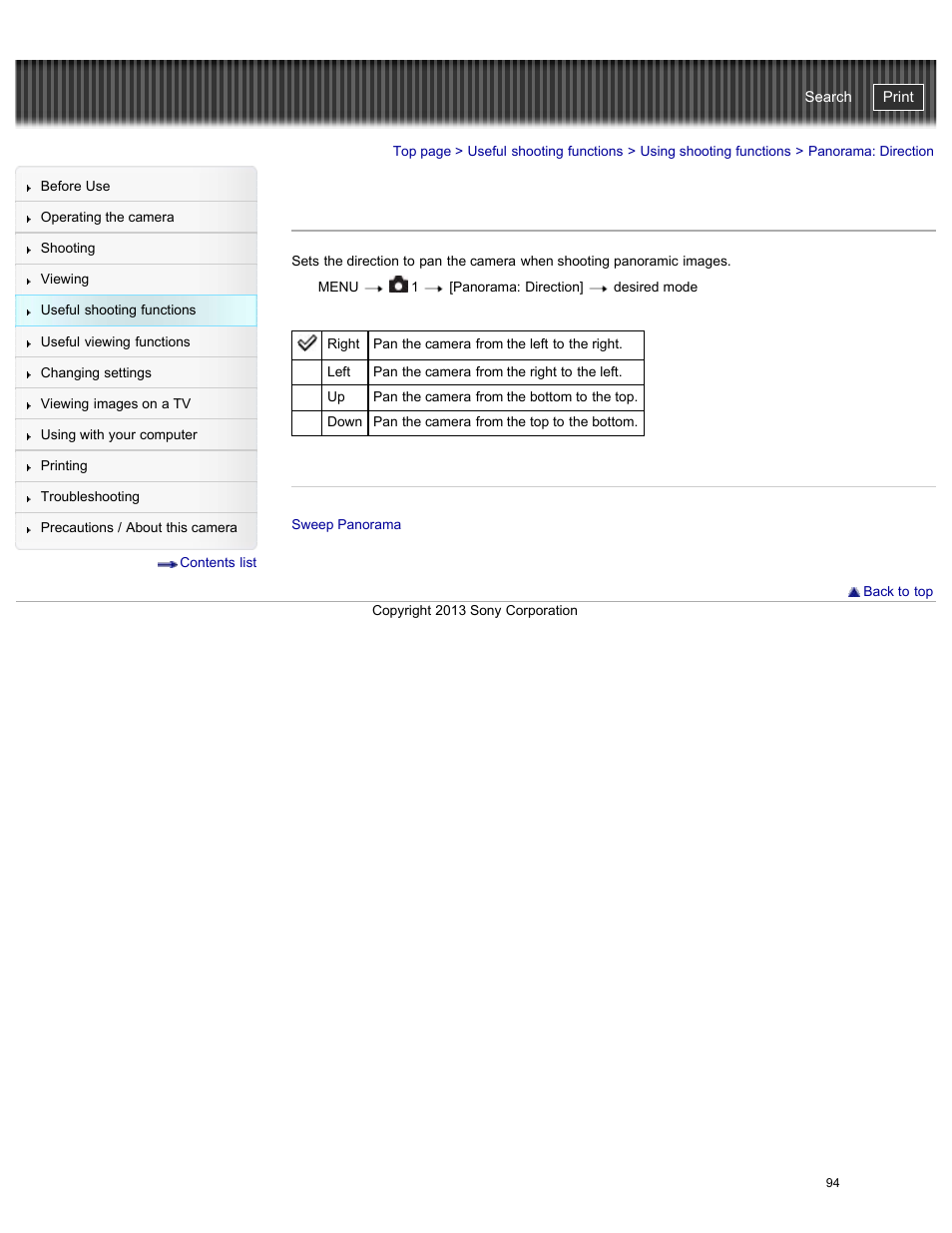 Panorama: direction, Cyber-shot user guide | Sony DSC-RX100M2 User Manual | Page 103 / 269