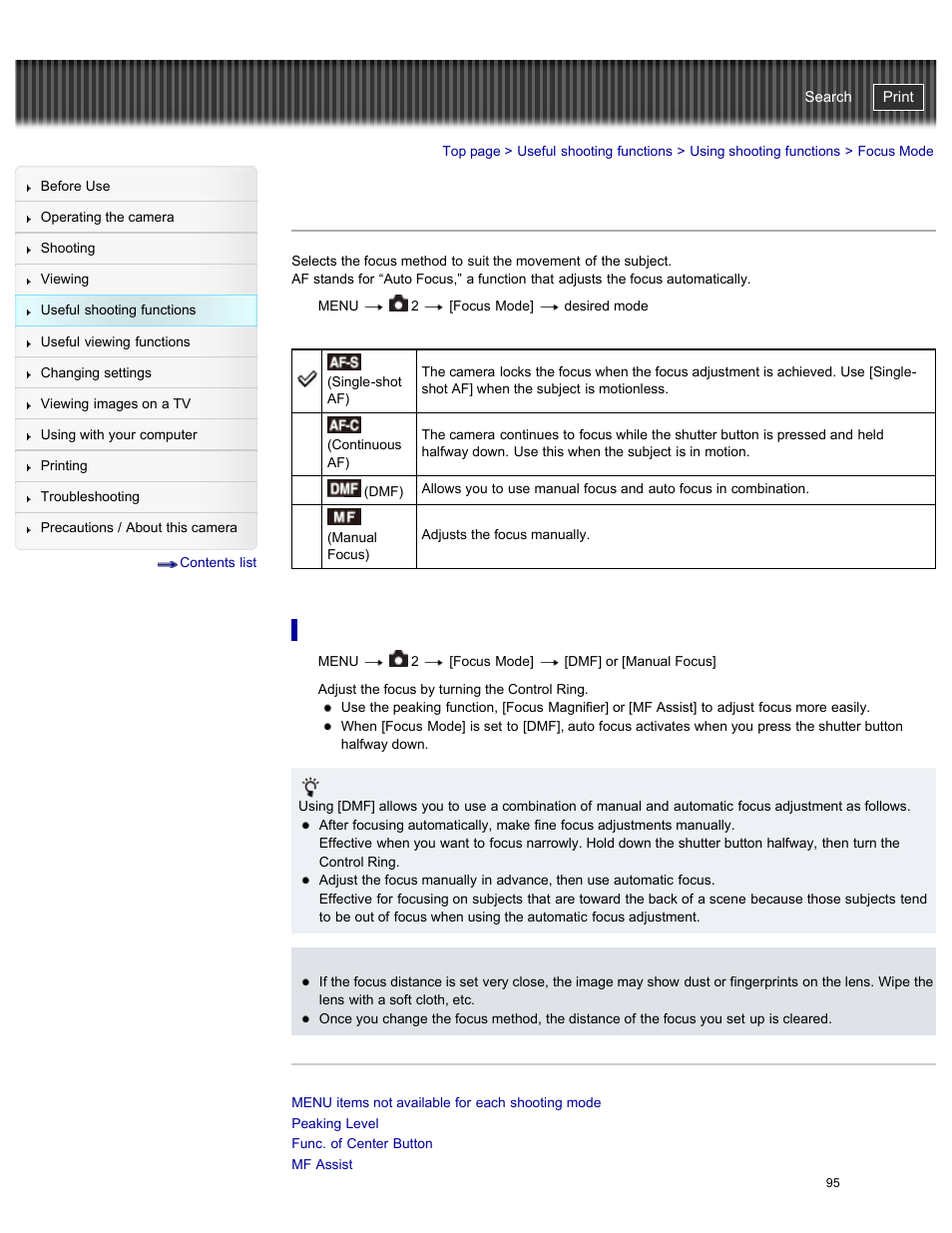 Focus mode, Details, Cyber-shot user guide | Sony DSC-RX100M2 User Manual | Page 104 / 269