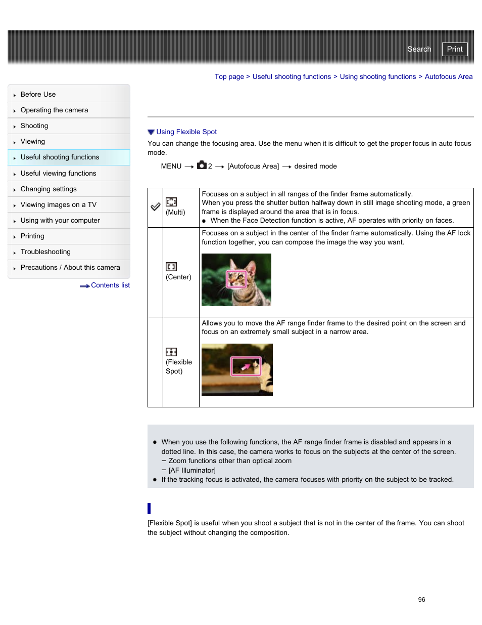 Autofocus area, Using flexible spot, Cyber-shot user guide | Sony DSC-RX100M2 User Manual | Page 105 / 269