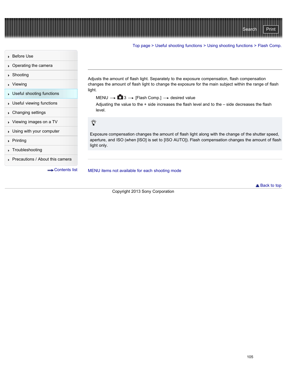 Flash comp, Cyber-shot user guide | Sony DSC-RX100M2 User Manual | Page 114 / 269