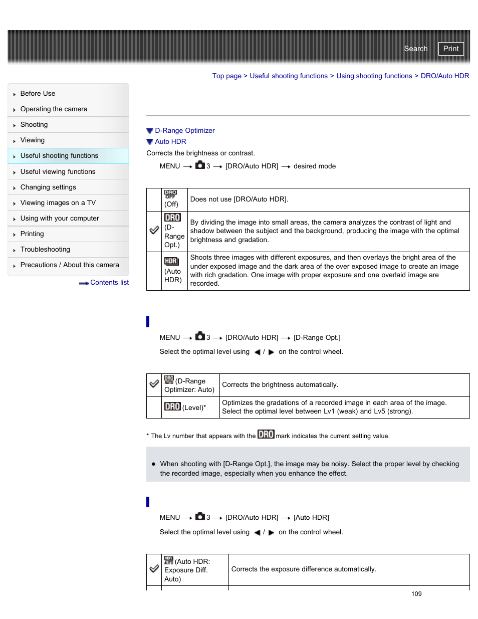 Dro/auto hdr, D-range optimizer, Auto hdr | Cyber-shot user guide | Sony DSC-RX100M2 User Manual | Page 118 / 269