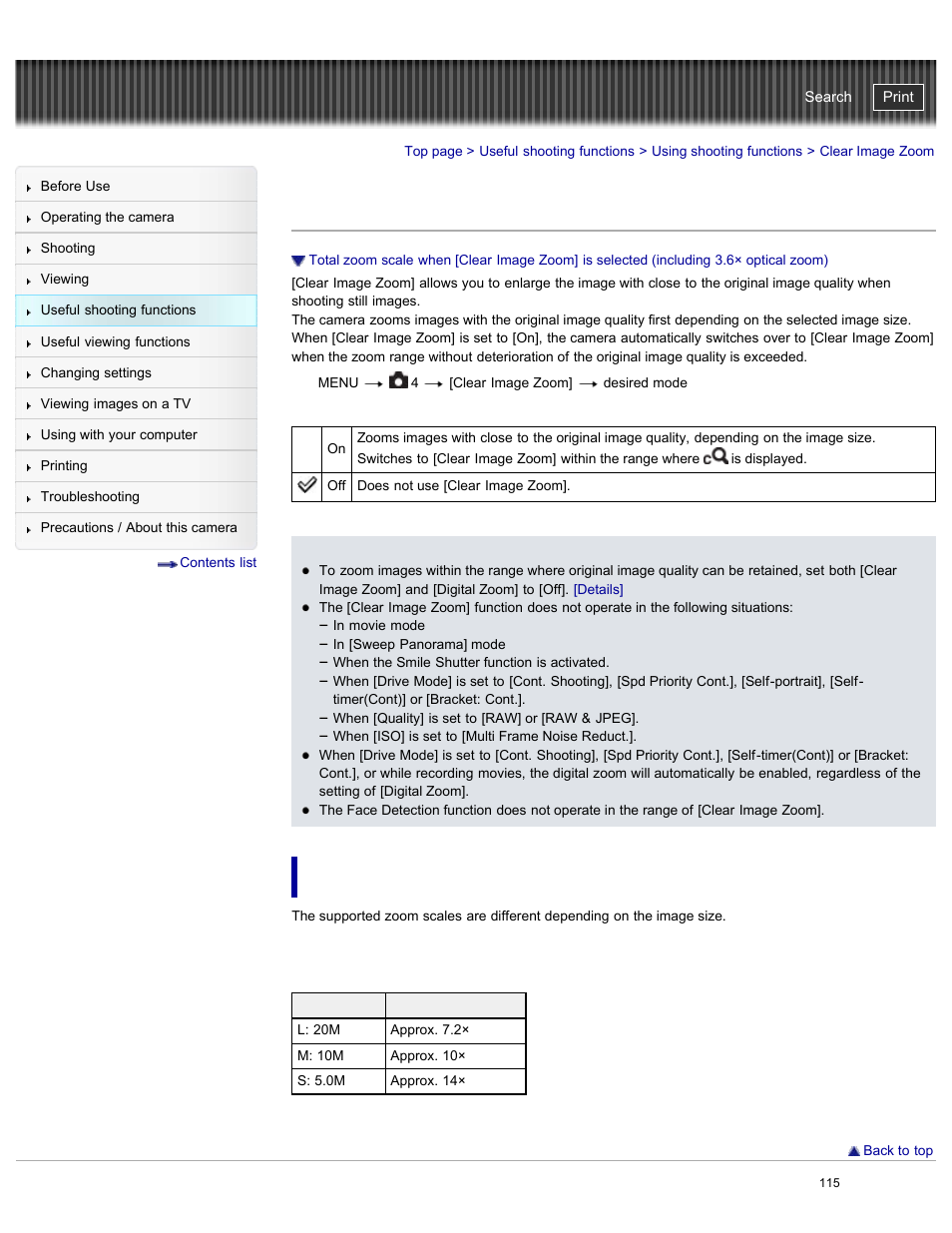 Clear image zoom, Including 3.6×optical zoom), Details | Cyber-shot user guide | Sony DSC-RX100M2 User Manual | Page 124 / 269