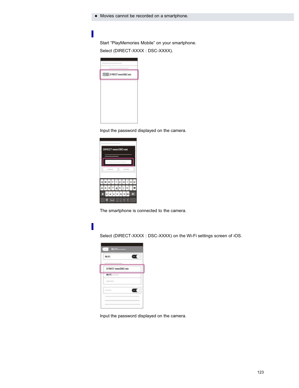 Connect to the camera from an android smartphone, Connect to the camera from an ios smartphone, Details | Sony DSC-RX100M2 User Manual | Page 132 / 269