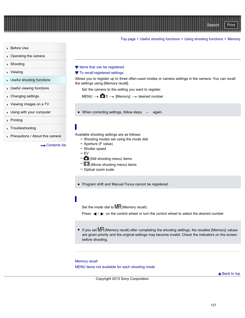 Memory, Items that can be registered, To recall registered settings | Details, Cyber-shot user guide | Sony DSC-RX100M2 User Manual | Page 136 / 269