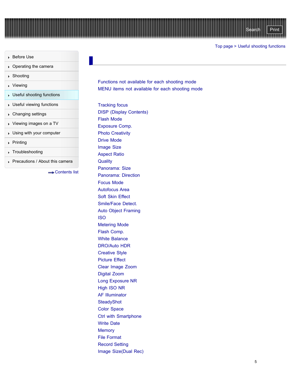 Useful shooting functions, Functions not available for each shooting mode, Using shooting functions | Cyber-shot user guide | Sony DSC-RX100M2 User Manual | Page 14 / 269
