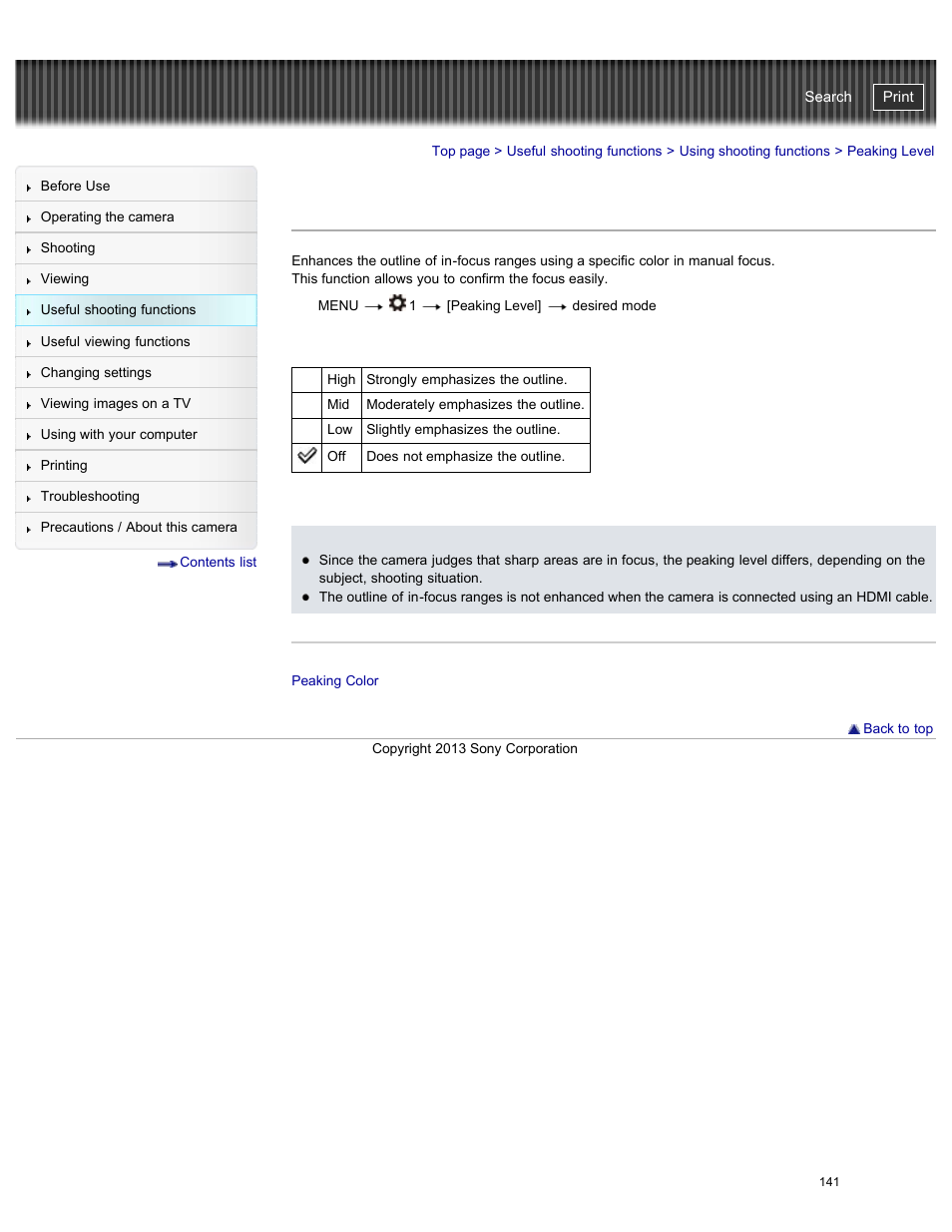 Peaking level, Cyber-shot user guide | Sony DSC-RX100M2 User Manual | Page 150 / 269