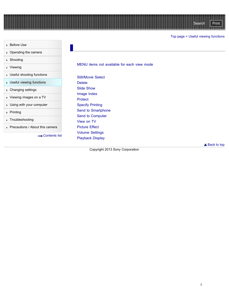 Useful viewing functions, Functions not available for each view mode, Playback menu | Cyber-shot user guide | Sony DSC-RX100M2 User Manual | Page 16 / 269