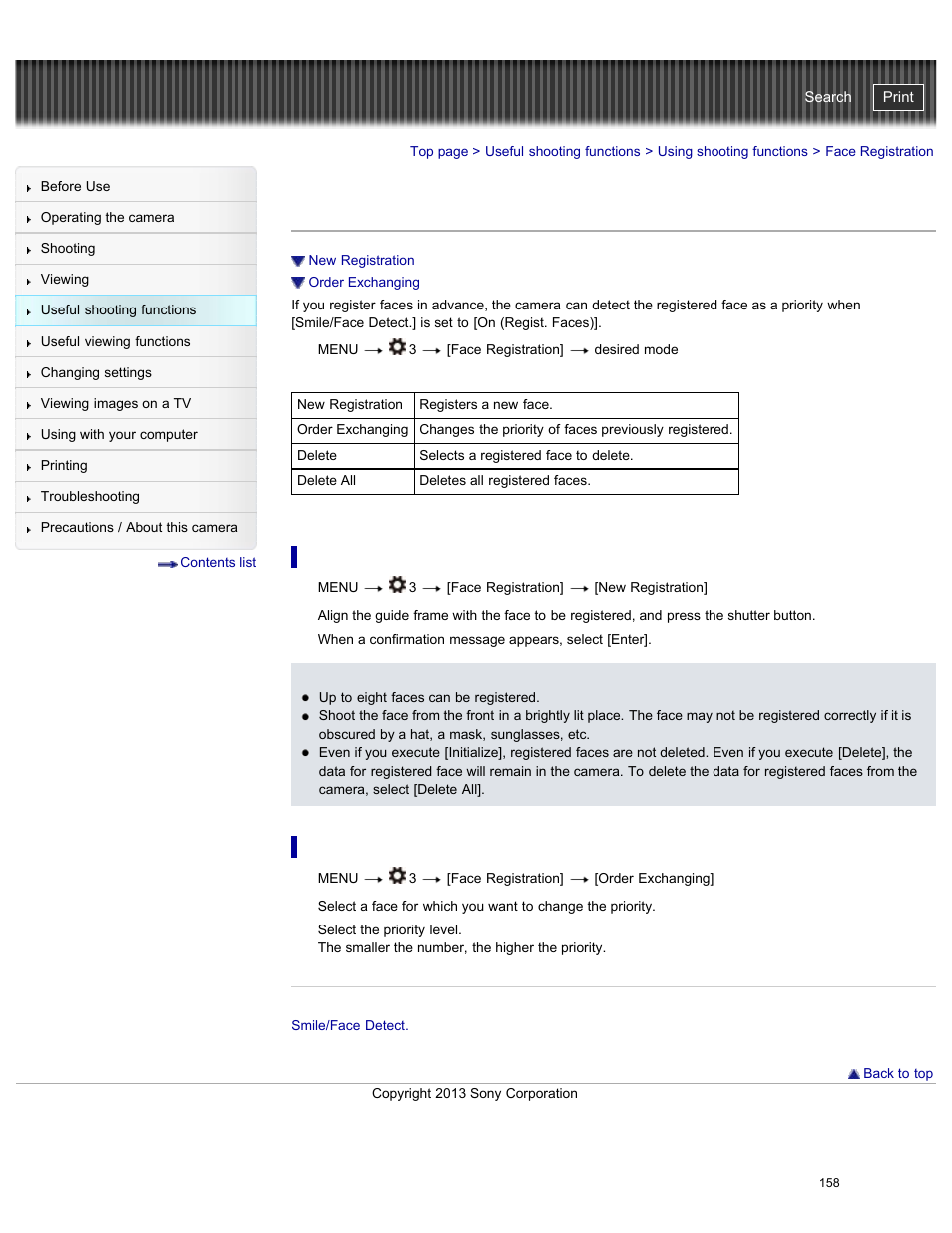 Face registration, New registration, Order exchanging | Cyber-shot user guide | Sony DSC-RX100M2 User Manual | Page 167 / 269