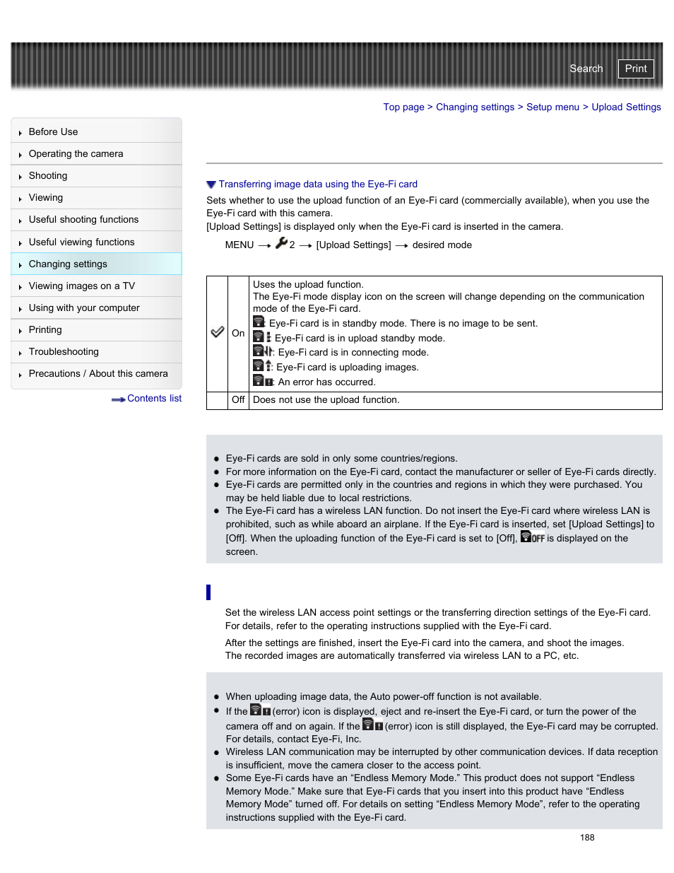 Upload settings, Transferring image data using the eye-fi card, Cyber-shot user guide | Sony DSC-RX100M2 User Manual | Page 197 / 269