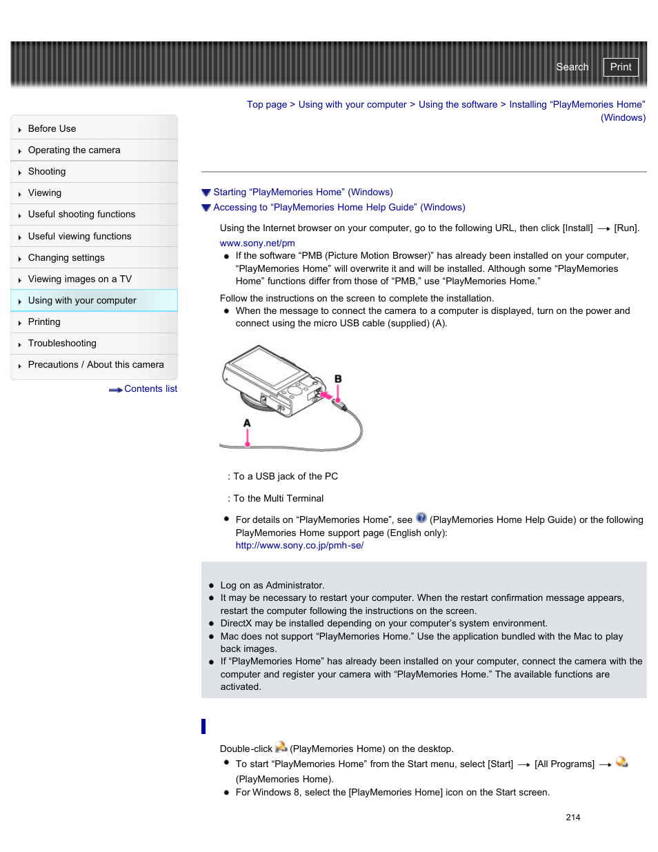 Installing “playmemories home” (windows), Starting “playmemories home” (windows), Details | Before, Cyber-shot user guide | Sony DSC-RX100M2 User Manual | Page 223 / 269