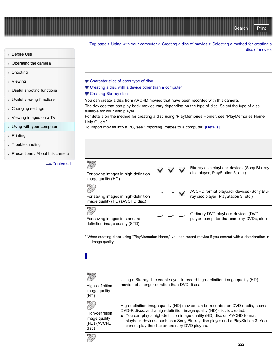 Selecting a method for creating a disc of movies, Characteristics of each type of disc, Details | Cyber-shot user guide | Sony DSC-RX100M2 User Manual | Page 231 / 269