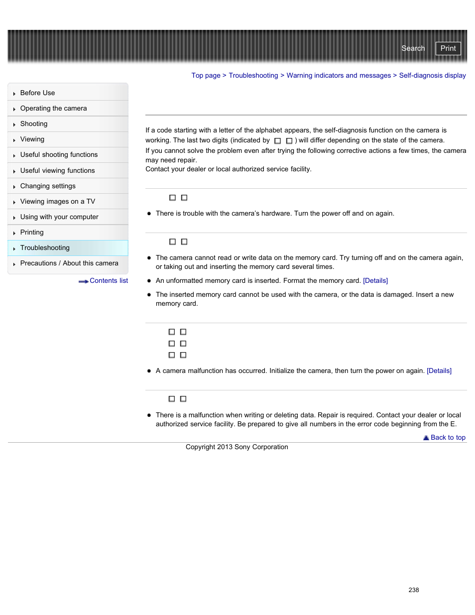 Self-diagnosis display, Cyber-shot user guide | Sony DSC-RX100M2 User Manual | Page 247 / 269