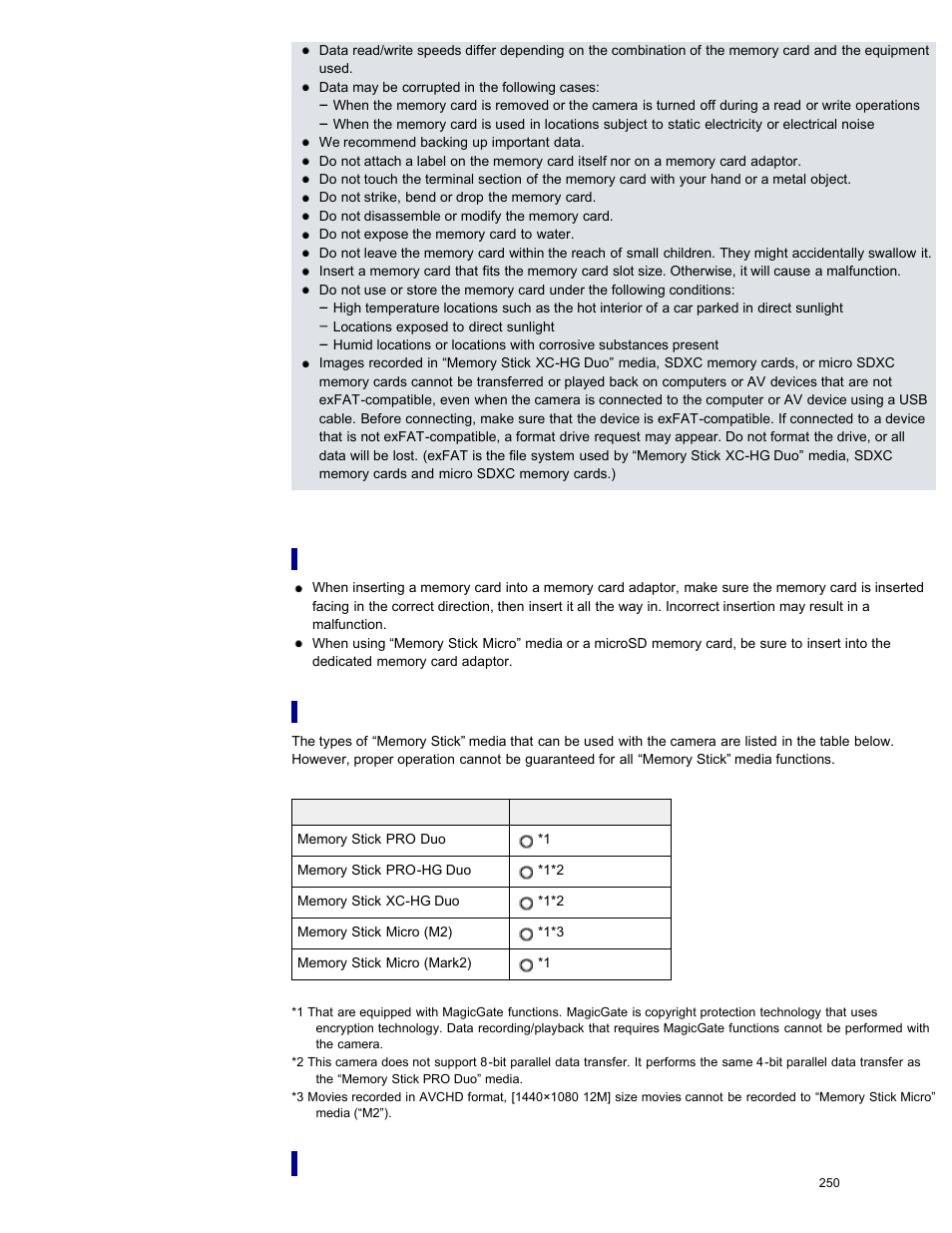 Note on using the memory card adaptor, Memory stick” media, When using “memory stick xc duo” media or “memory | Stick pro duo” media with standard sized “memory, Stick” media slot, Memory stick” media slot | Sony DSC-RX100M2 User Manual | Page 259 / 269
