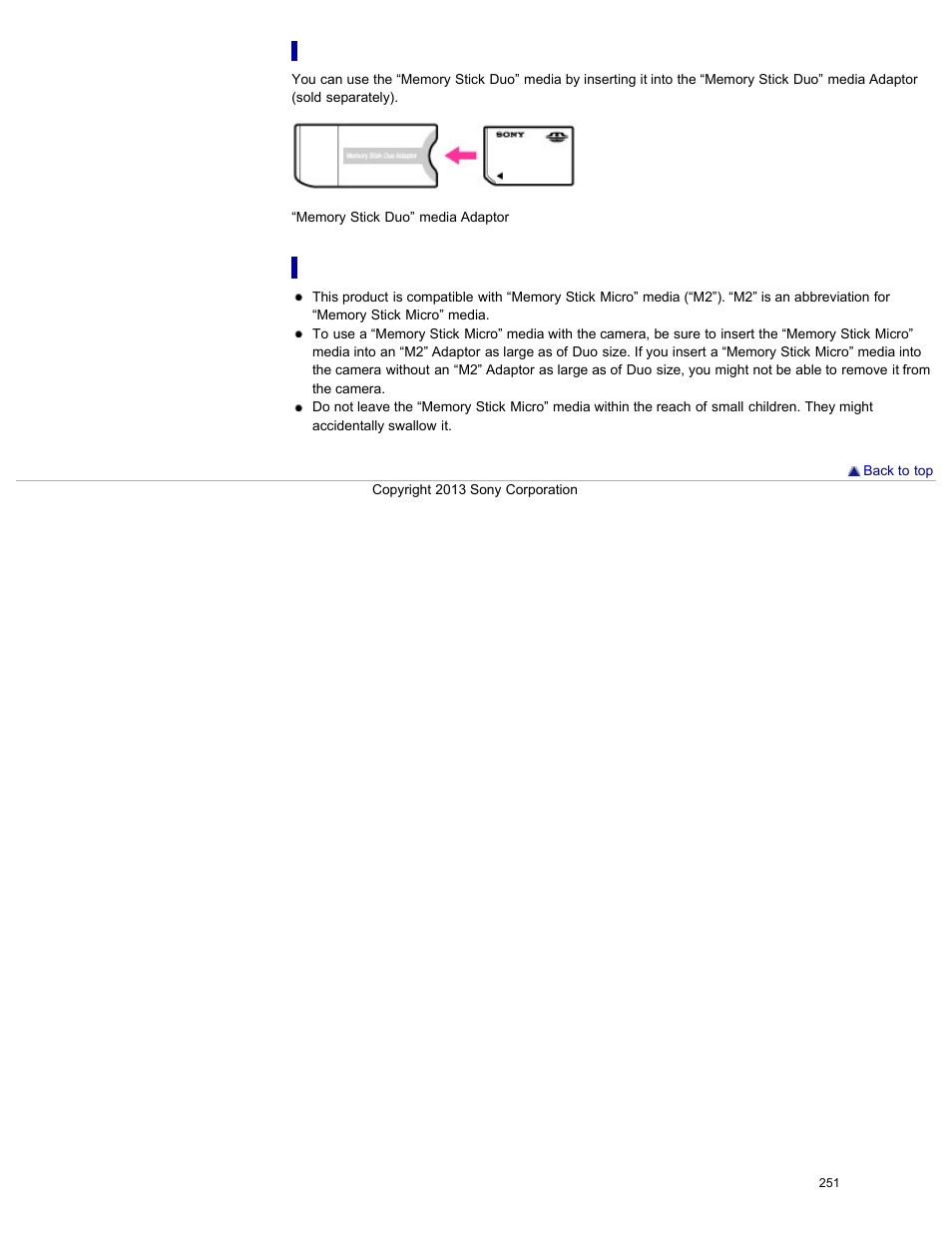 Notes on using “memory stick micro” media | Sony DSC-RX100M2 User Manual | Page 260 / 269
