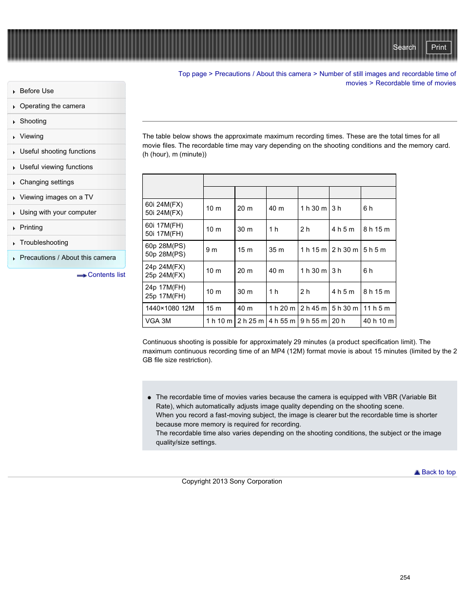 Recordable time of movies, Cyber-shot user guide | Sony DSC-RX100M2 User Manual | Page 263 / 269