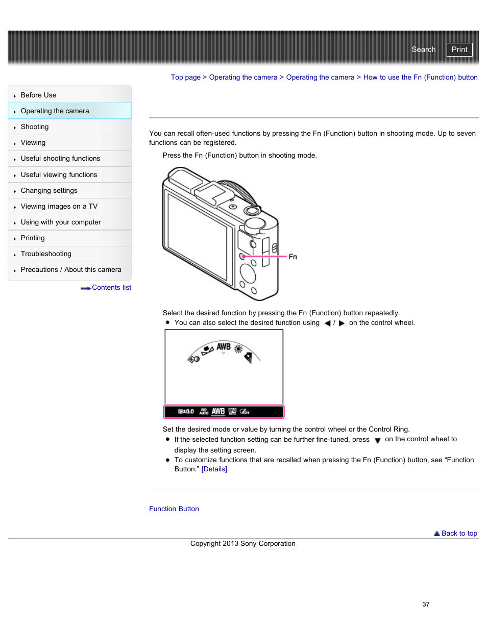 How to use the fn (function) button, Cyber-shot user guide | Sony DSC-RX100M2 User Manual | Page 46 / 269