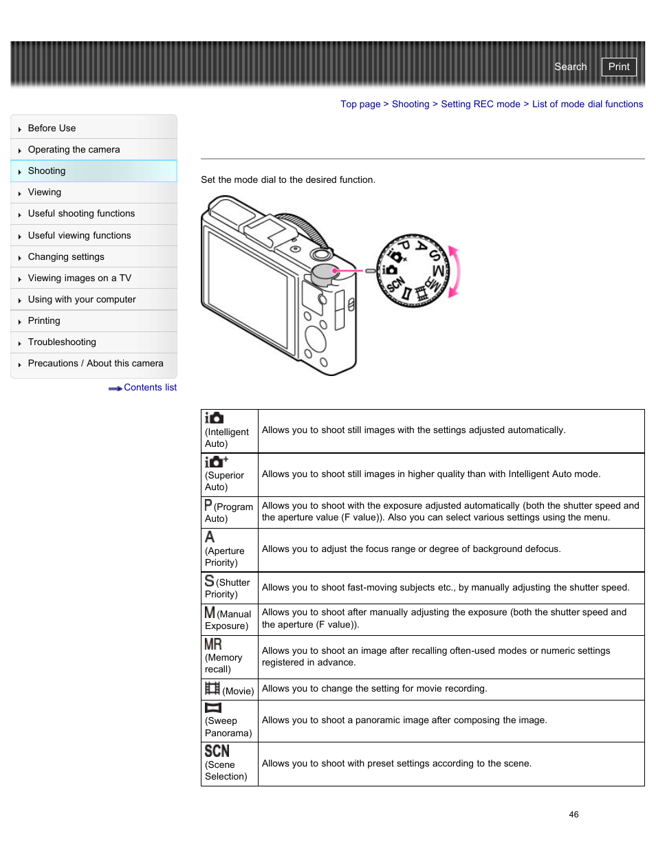 List of mode dial functions, Cyber-shot user guide | Sony DSC-RX100M2 User Manual | Page 55 / 269