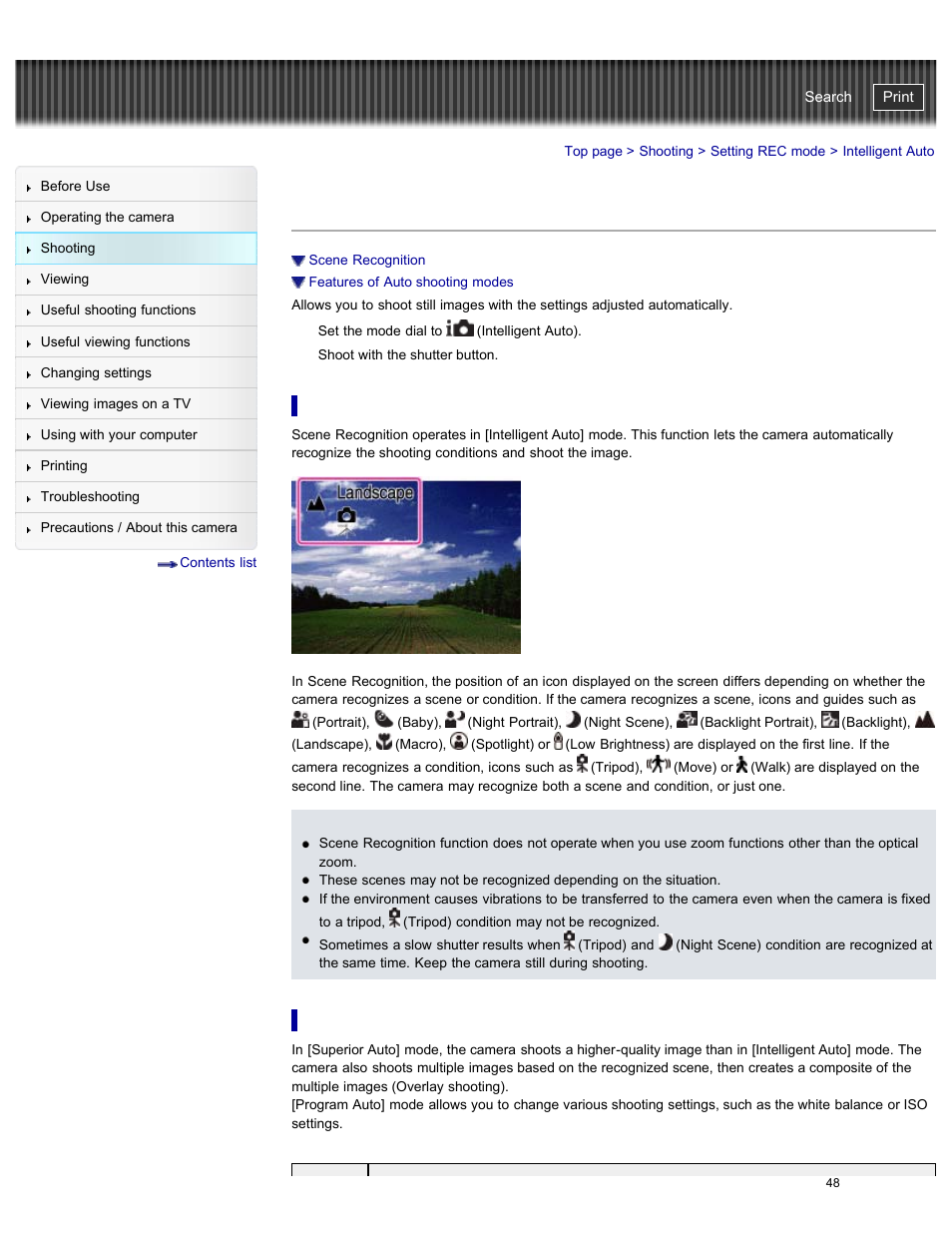 Intelligent auto, Scene recognition, Features of auto shooting modes | Cyber-shot user guide | Sony DSC-RX100M2 User Manual | Page 57 / 269
