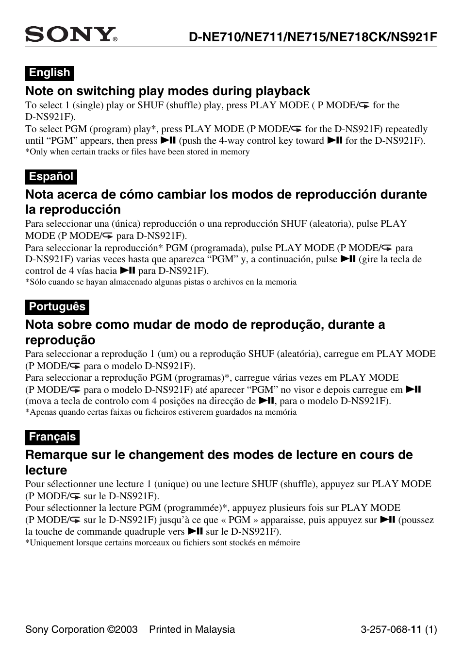Sony D-NE710 User Manual | 2 pages
