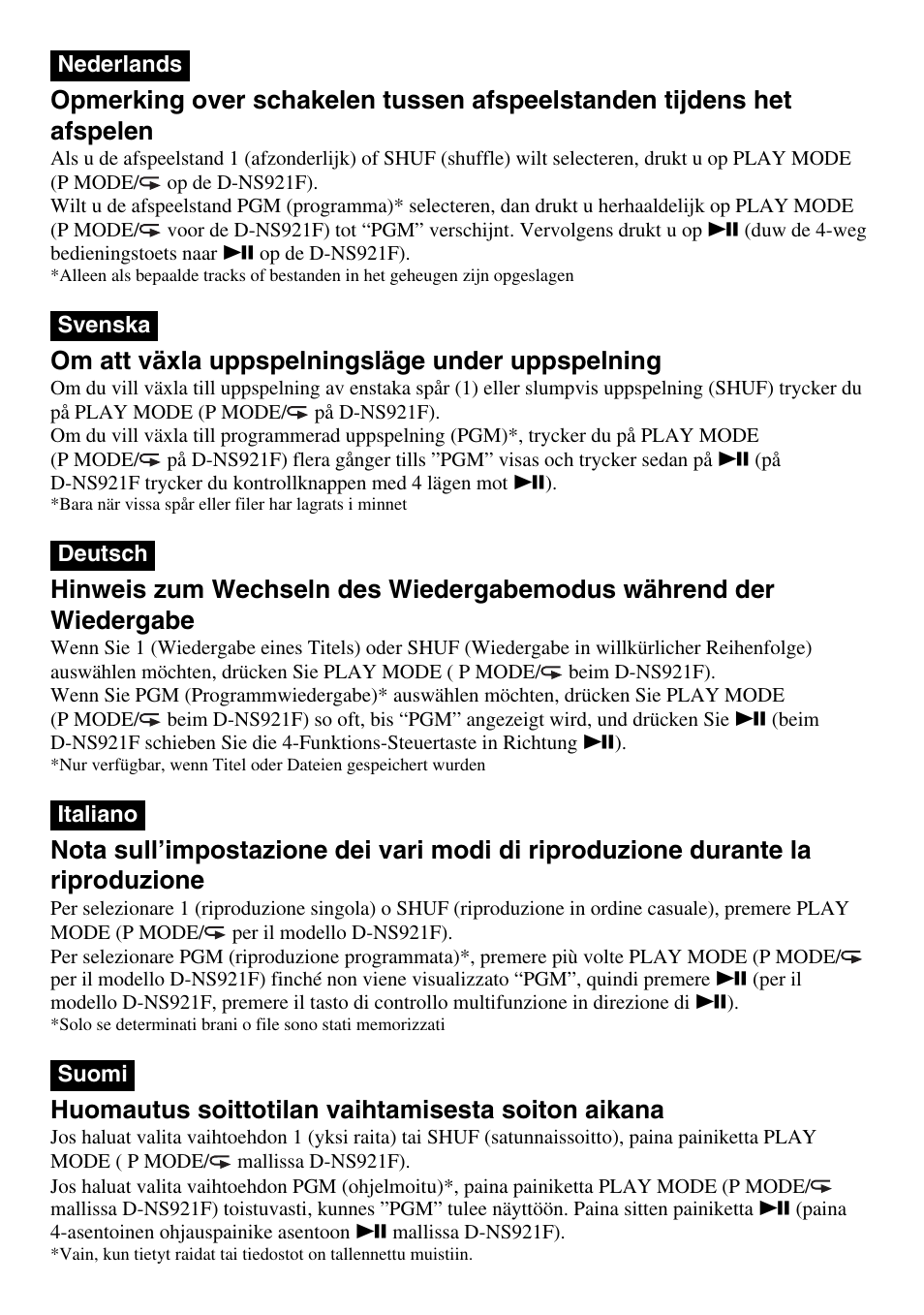 Om att växla uppspelningsläge under uppspelning, Huomautus soittotilan vaihtamisesta soiton aikana | Sony D-NE710 User Manual | Page 2 / 2