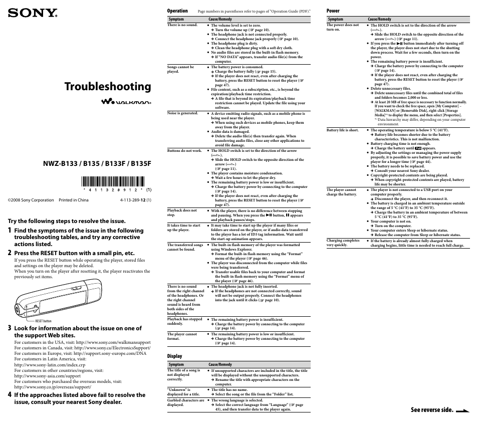 Sony NWZ-B133F User Manual | 2 pages