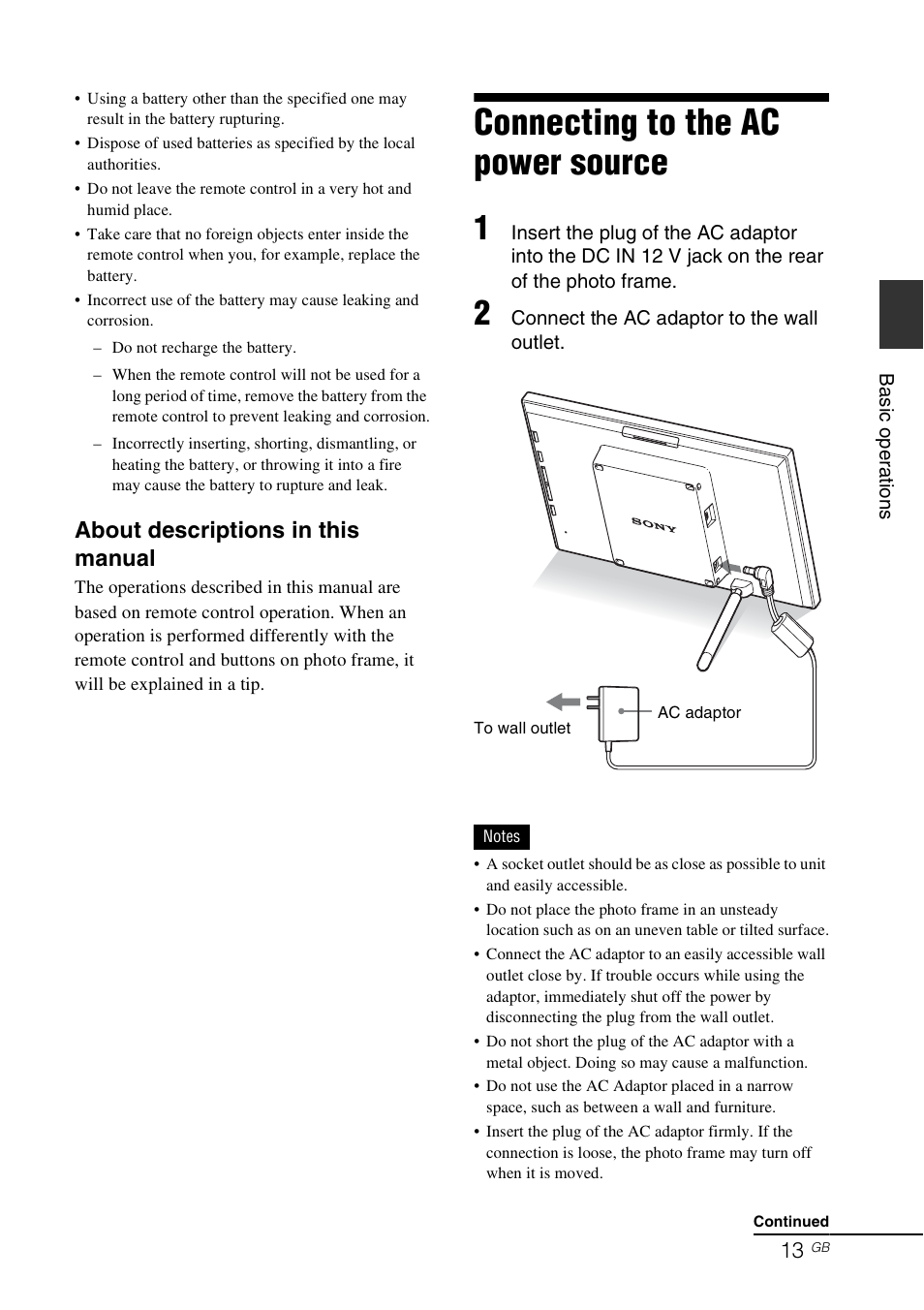 Connecting to the ac power source, About descriptions in this manual | Sony DPF-D70 User Manual | Page 13 / 48