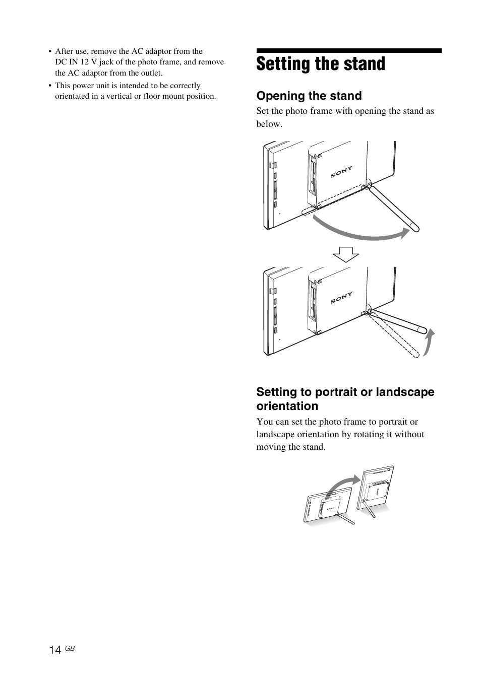 Setting the stand | Sony DPF-D70 User Manual | Page 14 / 48