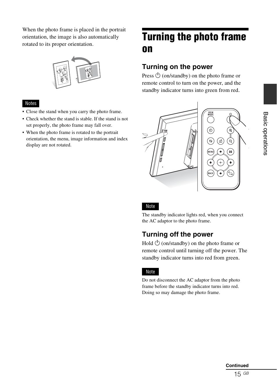 Turning the photo frame on, Turning on the power, Turning off the power | Sony DPF-D70 User Manual | Page 15 / 48