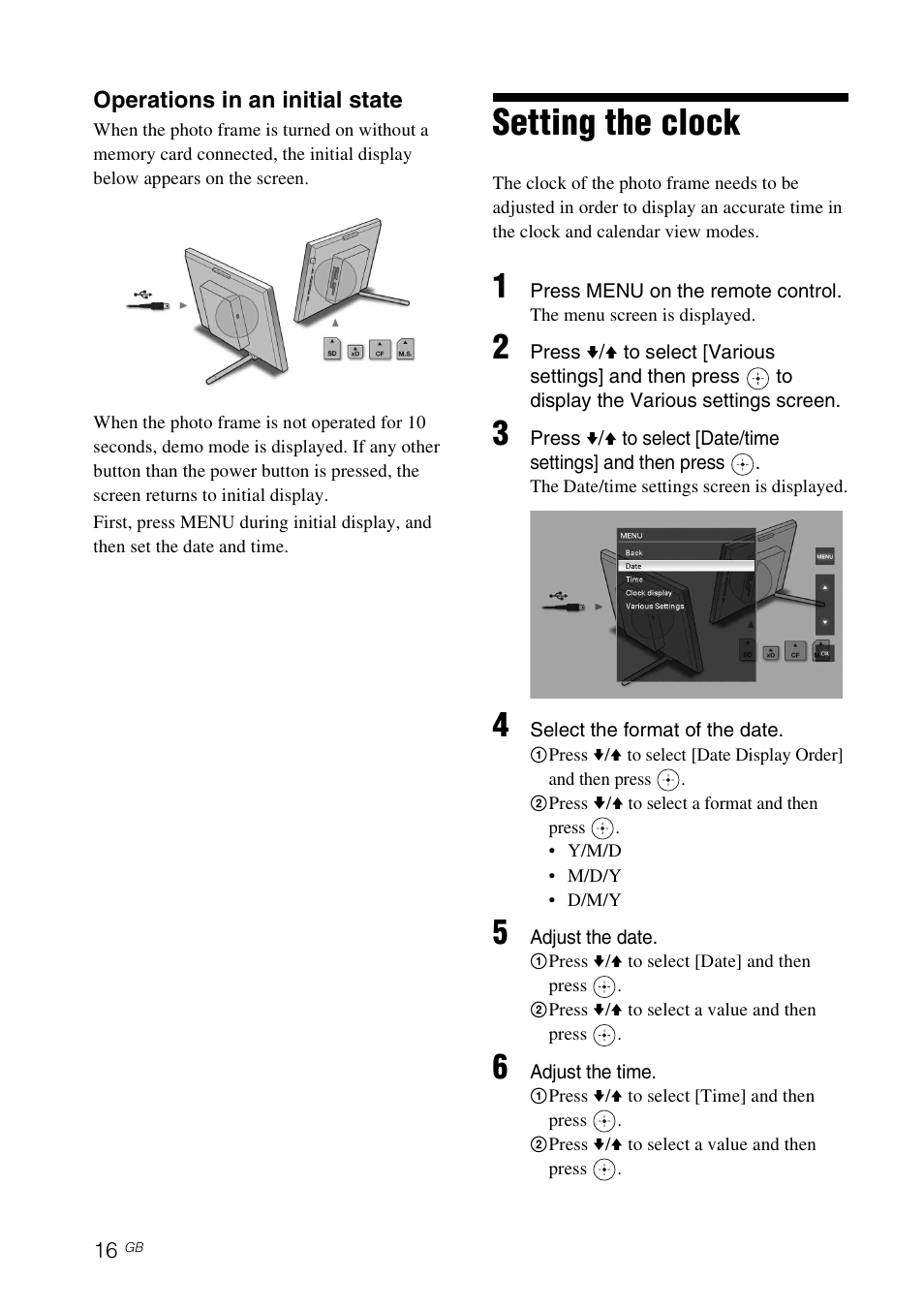 Setting the clock | Sony DPF-D70 User Manual | Page 16 / 48