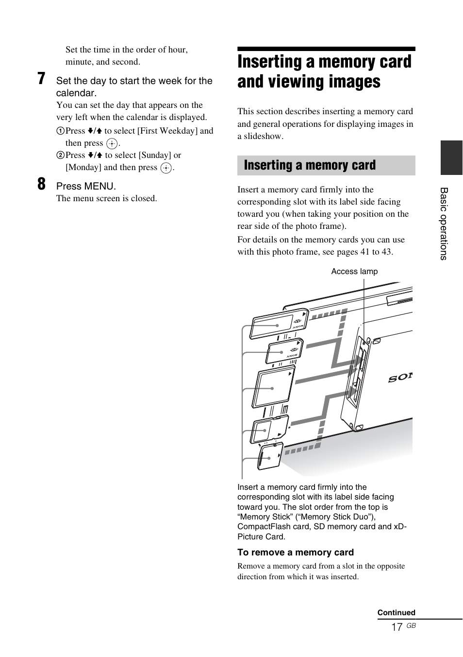 Inserting a memory card and viewing images, Inserting a memory card | Sony DPF-D70 User Manual | Page 17 / 48