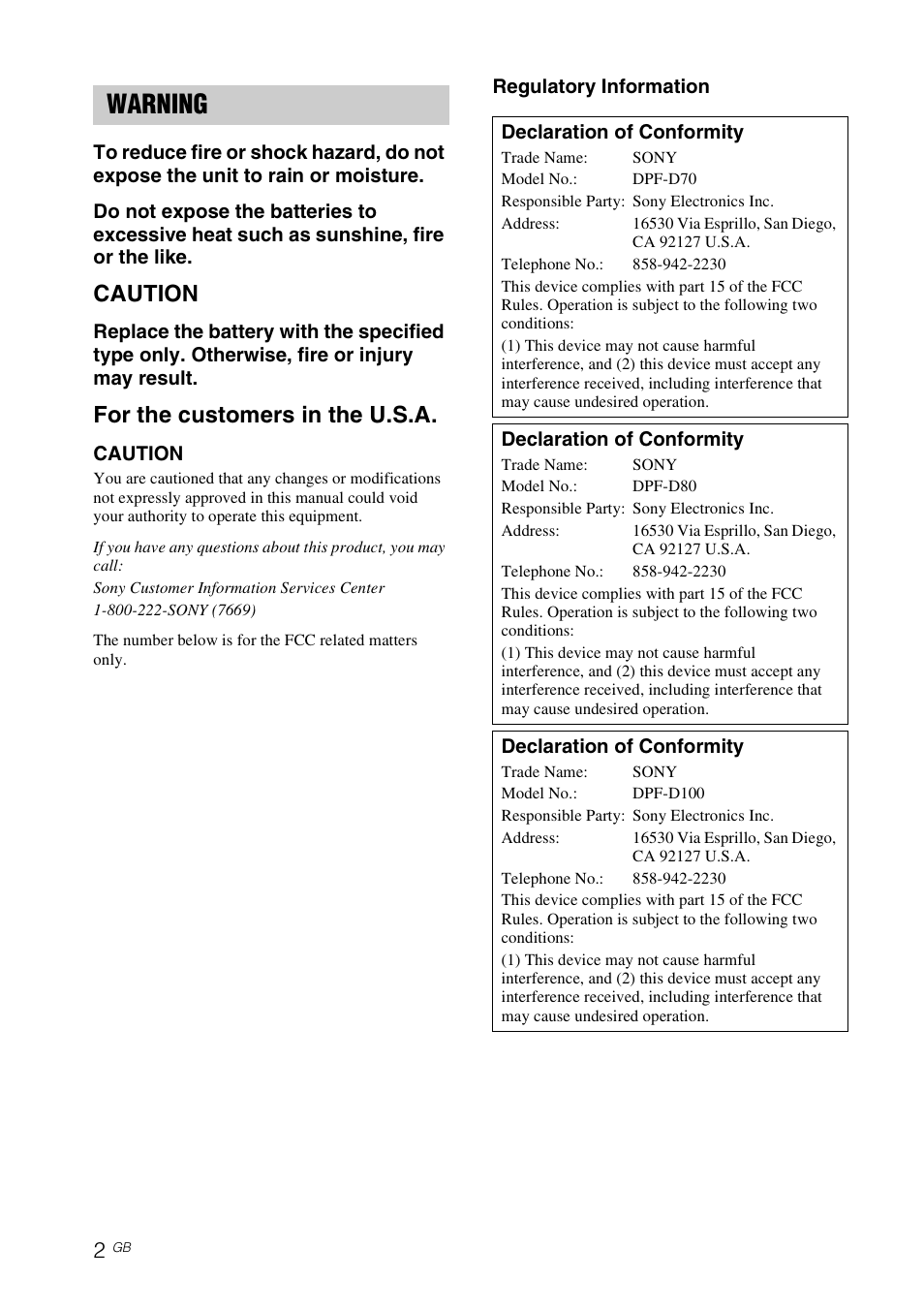 Warning, Caution, For the customers in the u.s.a | Sony DPF-D70 User Manual | Page 2 / 48