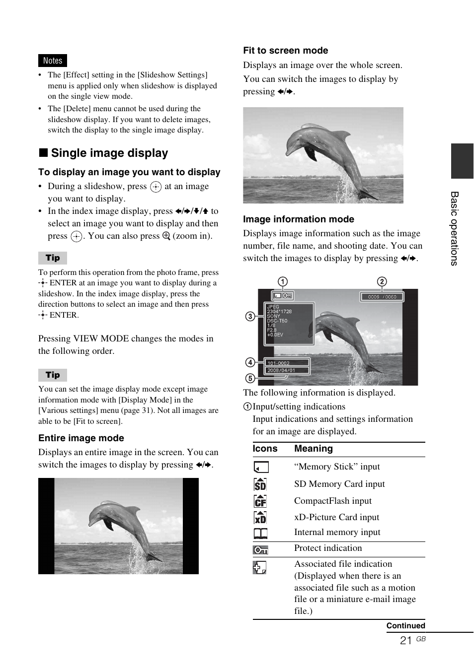 X single image display | Sony DPF-D70 User Manual | Page 21 / 48