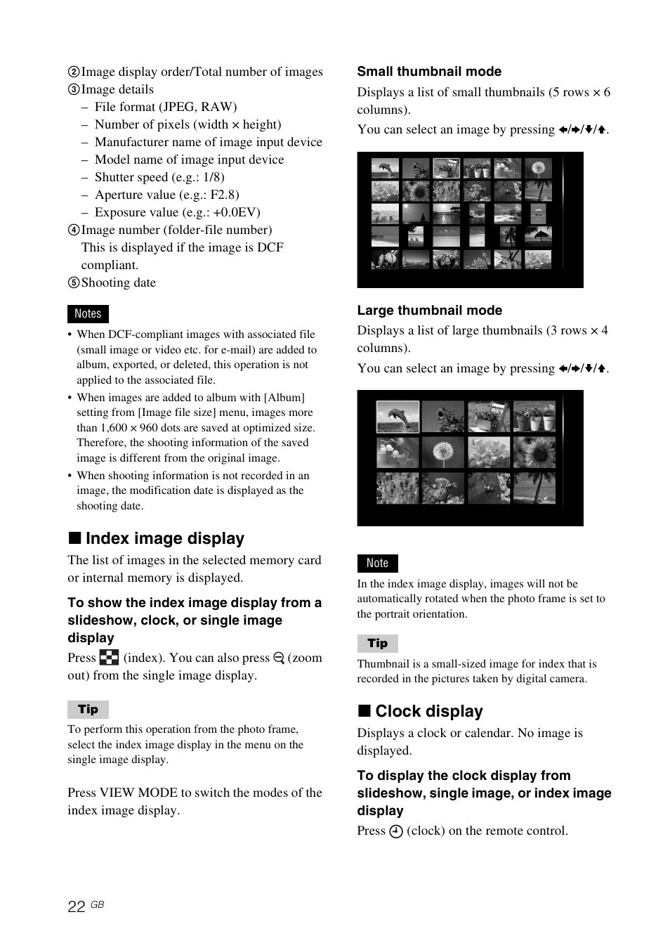 X index image display, X clock display | Sony DPF-D70 User Manual | Page 22 / 48