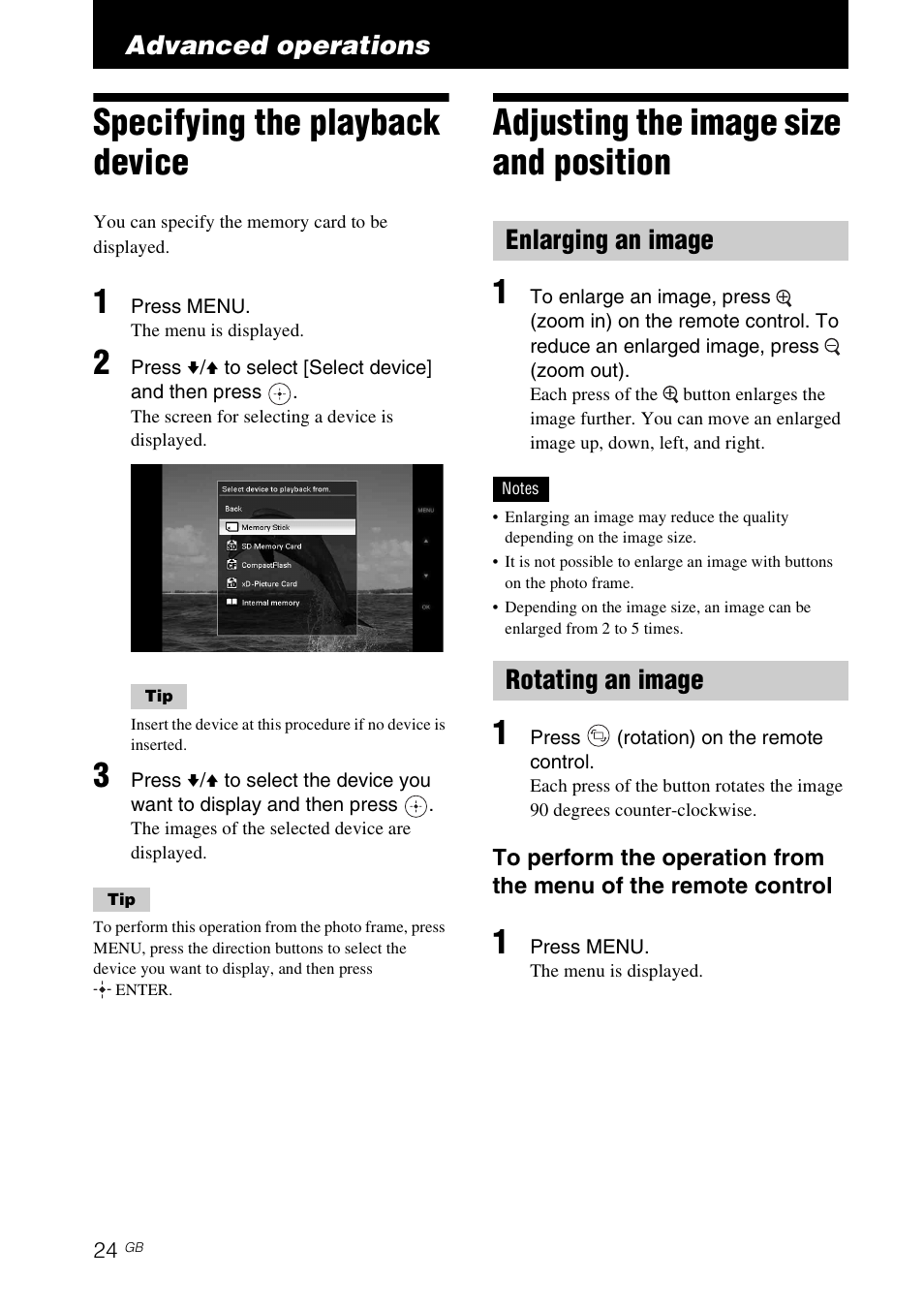 Advanced operations, Specifying the playback device, Adjusting the image size and position | Enlarging an image, Rotating an image, Enlarging an image rotating an image | Sony DPF-D70 User Manual | Page 24 / 48