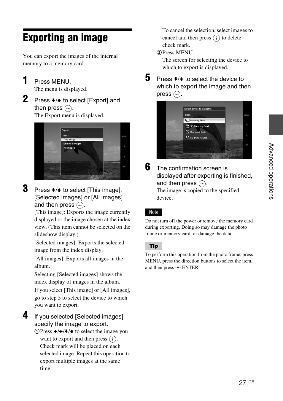 Exporting an image | Sony DPF-D70 User Manual | Page 27 / 48