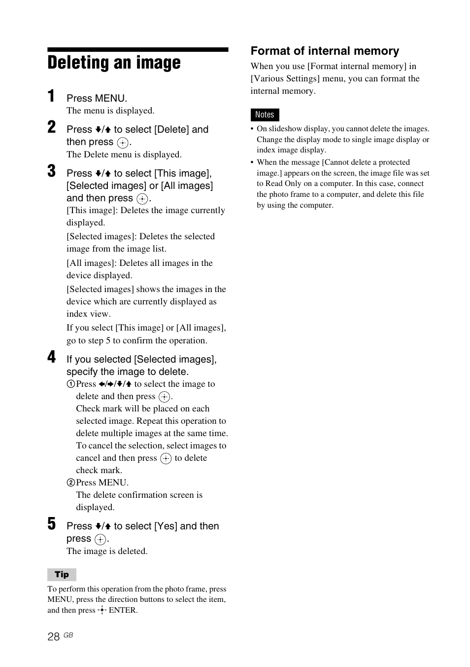 Deleting an image | Sony DPF-D70 User Manual | Page 28 / 48