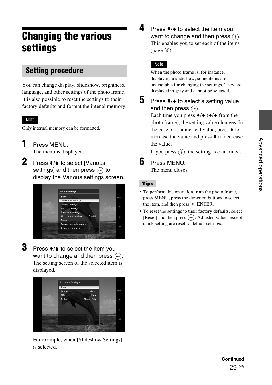 Changing the various settings, Setting procedure | Sony DPF-D70 User Manual | Page 29 / 48