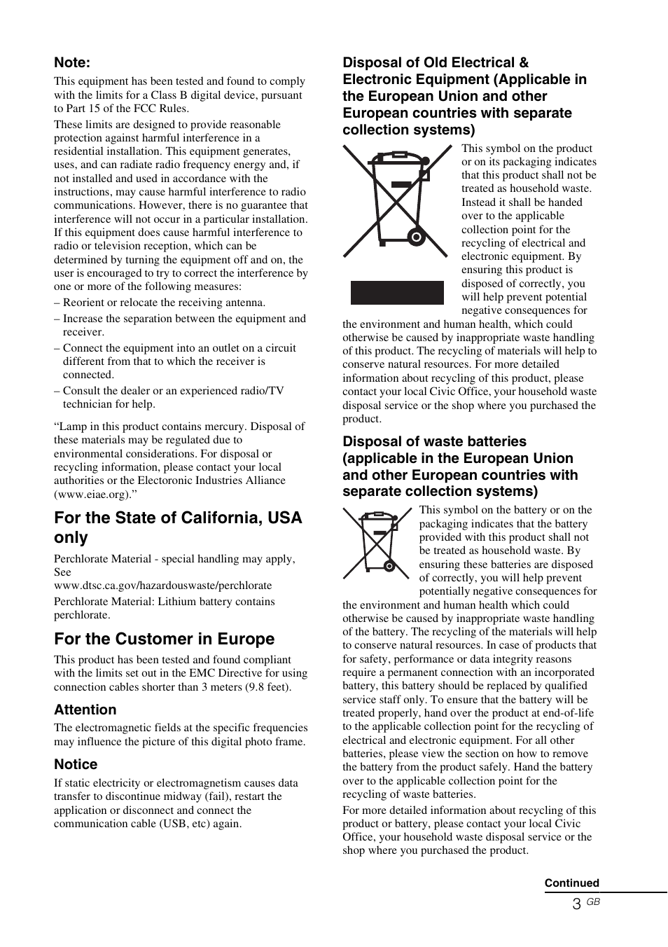 For the state of california, usa only, For the customer in europe | Sony DPF-D70 User Manual | Page 3 / 48