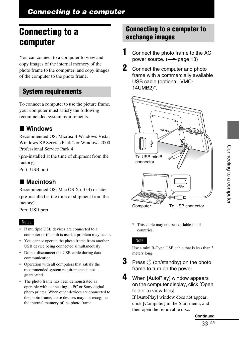 Connecting to a computer, System requirements, Connecting to a computer to exchange images | Sony DPF-D70 User Manual | Page 33 / 48