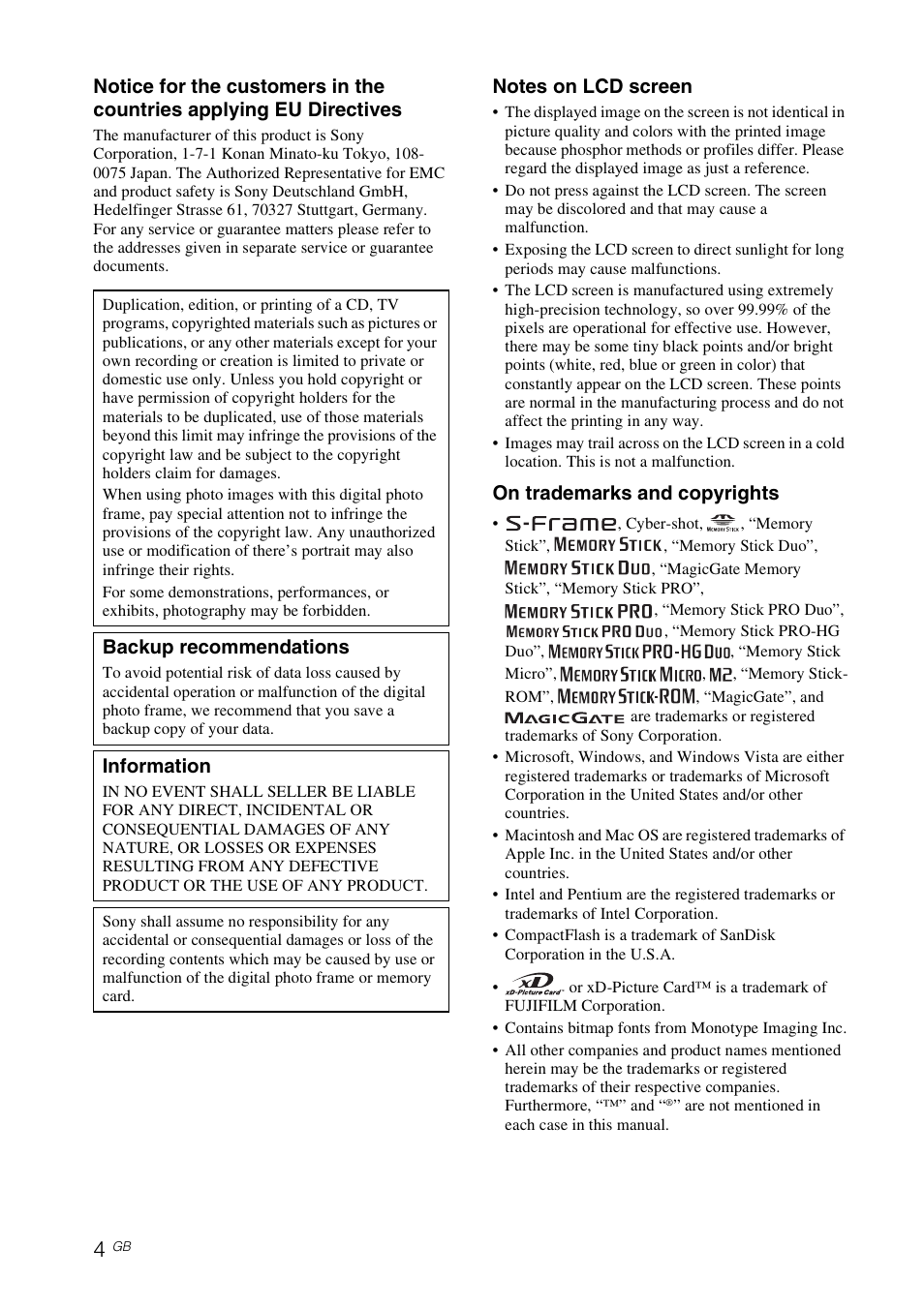 On trademarks and copyrights, Backup recommendations, Information | Sony DPF-D70 User Manual | Page 4 / 48