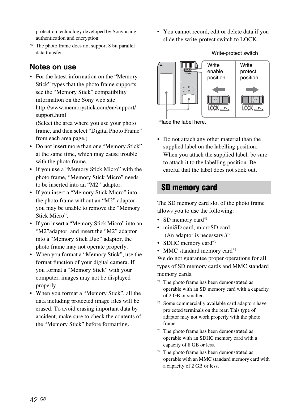 Sd memory card | Sony DPF-D70 User Manual | Page 42 / 48