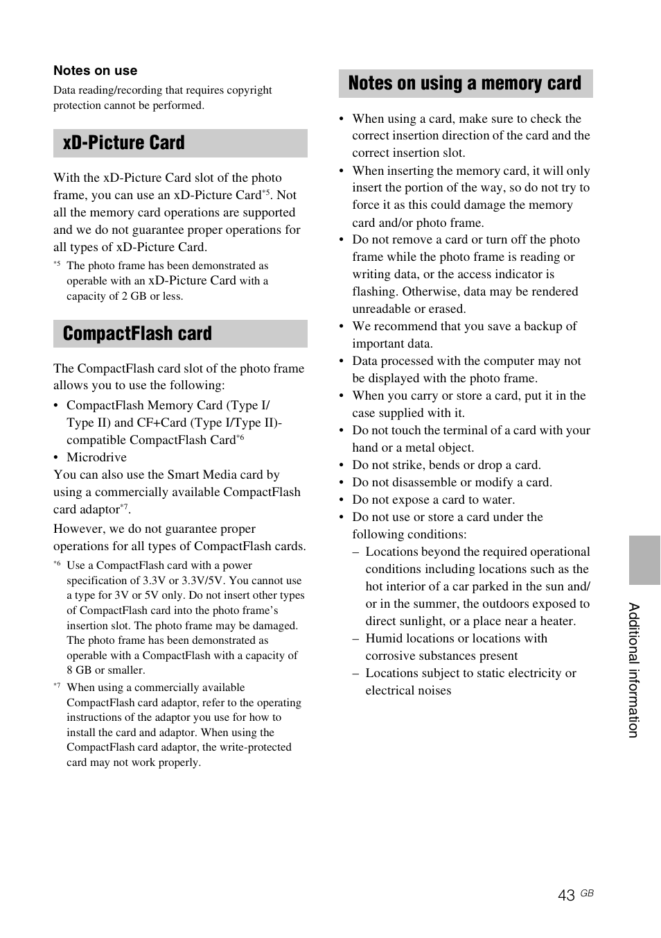 Xd-picture card, Compactflash card, Notes on using a memory card | Sony DPF-D70 User Manual | Page 43 / 48