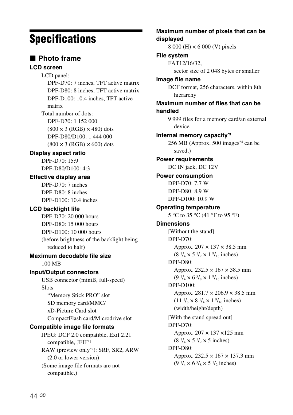 Specifications, X photo frame | Sony DPF-D70 User Manual | Page 44 / 48