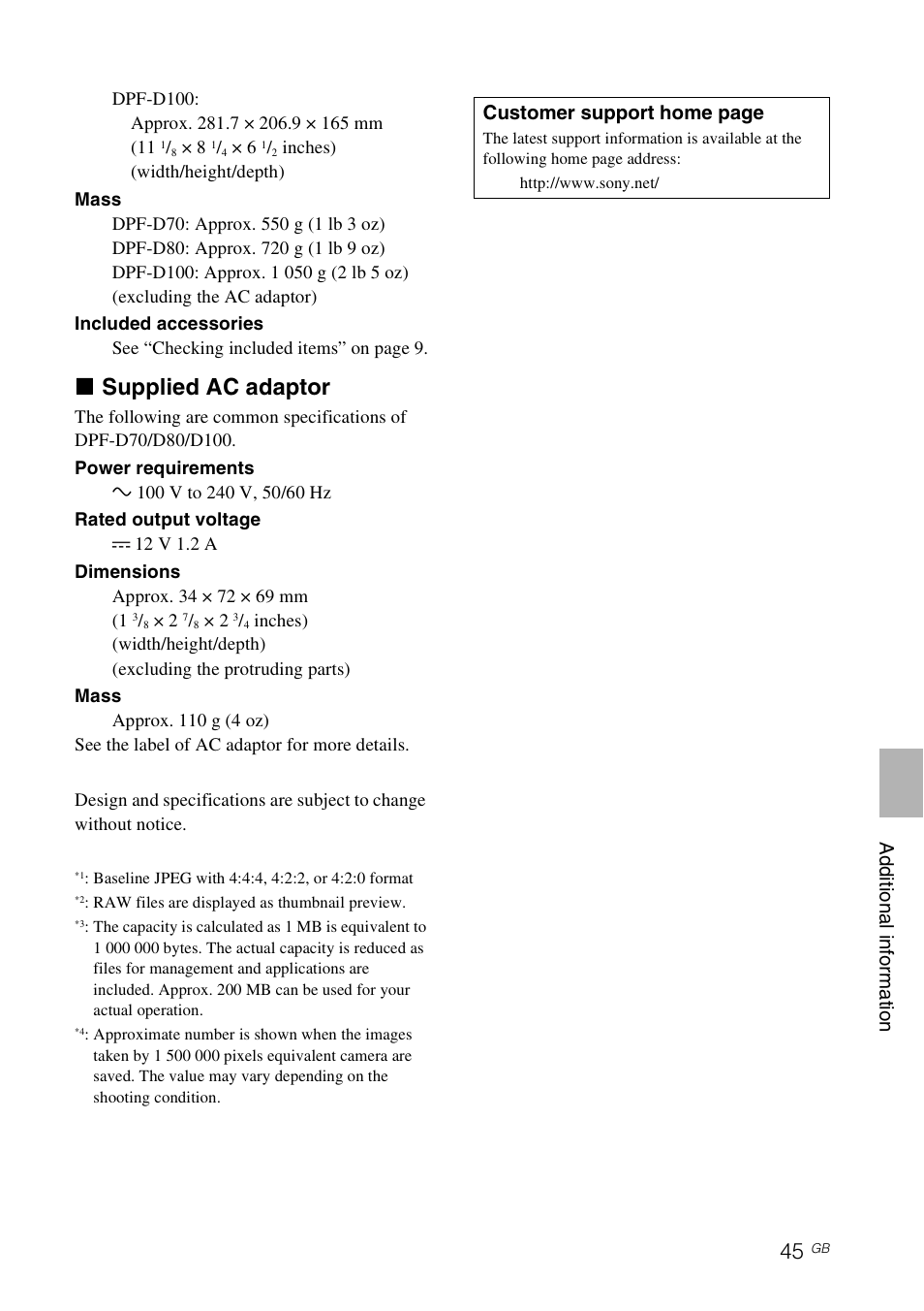 X supplied ac adaptor | Sony DPF-D70 User Manual | Page 45 / 48